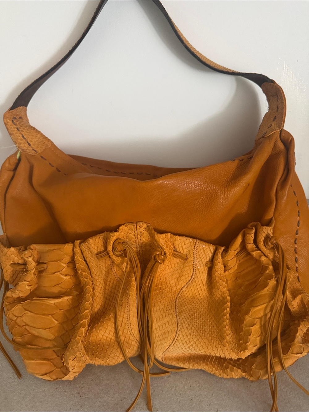Carlos Falchi Mango Orange Leather Shoulder Bag with Drawstring Detail